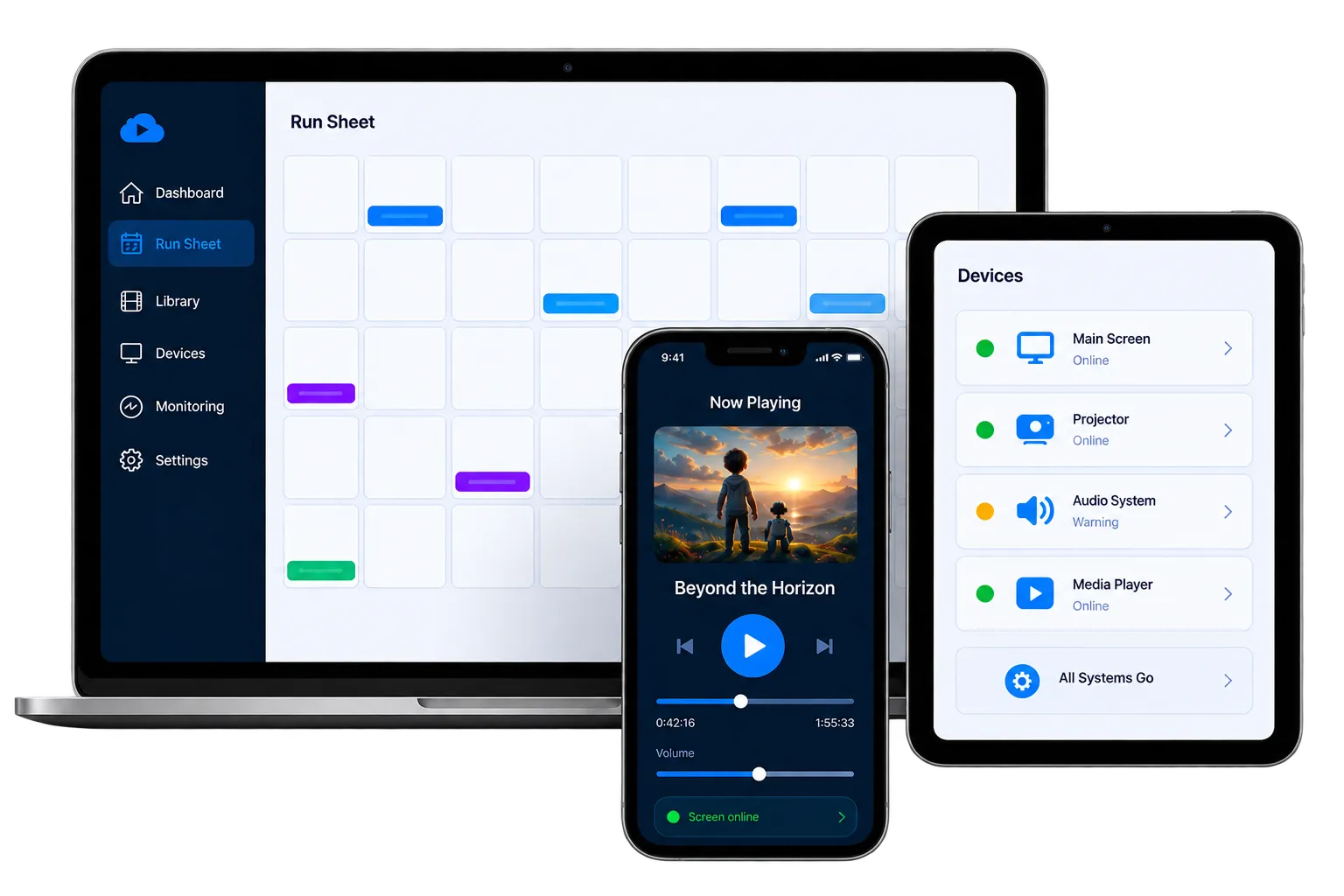 The Cloud Cinema Pro portal on a laptop, phone and tablet — the run sheet on the laptop, Now Playing with play, seek and volume on the phone, and device health on the tablet