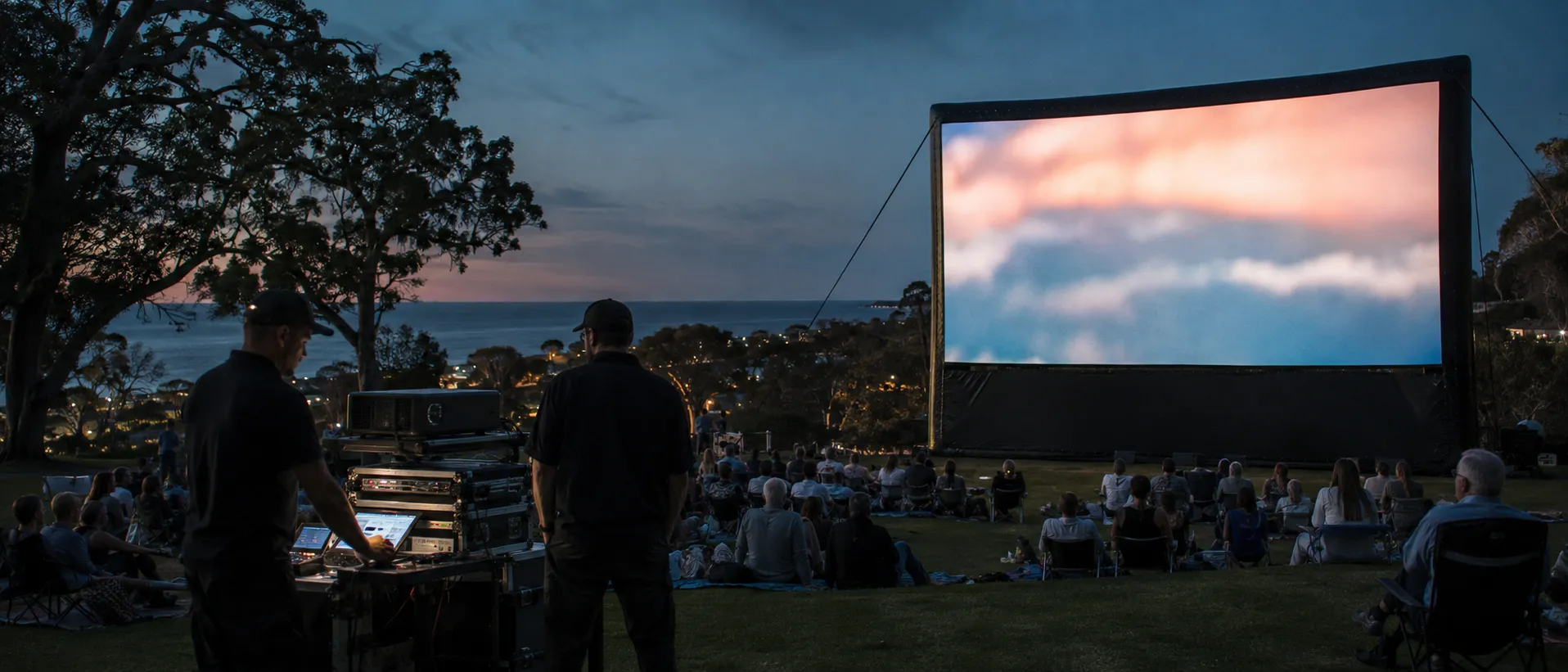 An outdoor cinema at dusk — operators at the control rack while an audience watches a large inflatable screen by the coast